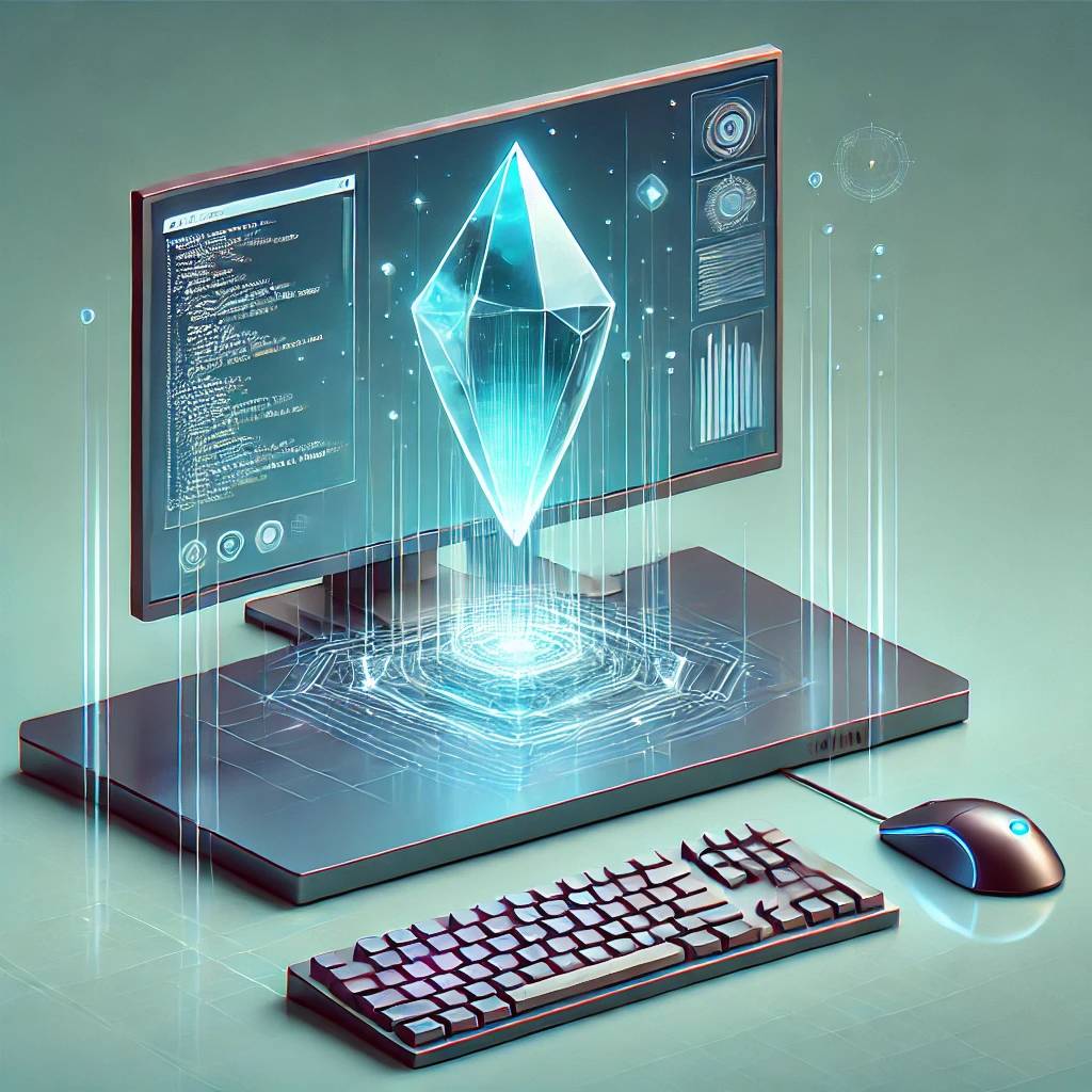 Illustration of a futuristic computer set up, powered by Ethereum crystals.