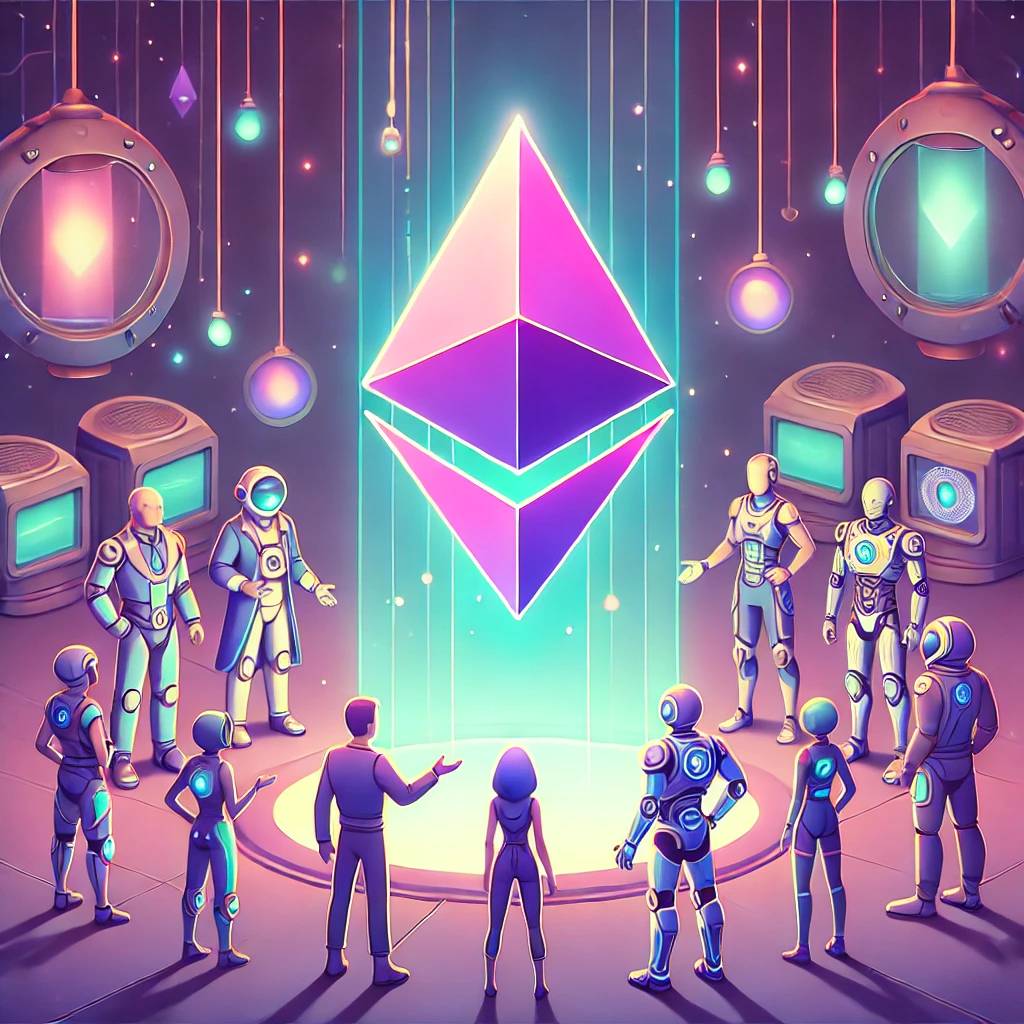 Illustration of a group of people marvelling at an ether (ETH) glyph in awe.