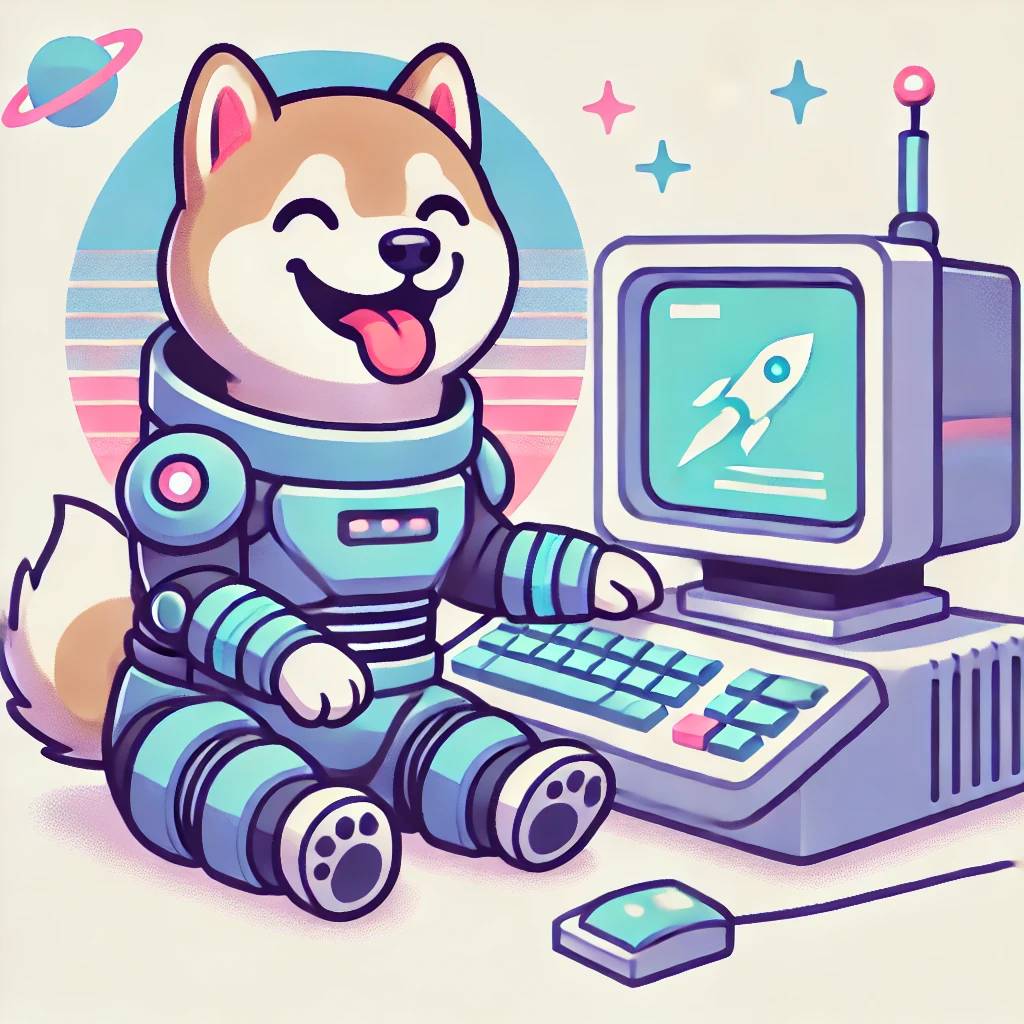 Illustration of a doge using a computer.