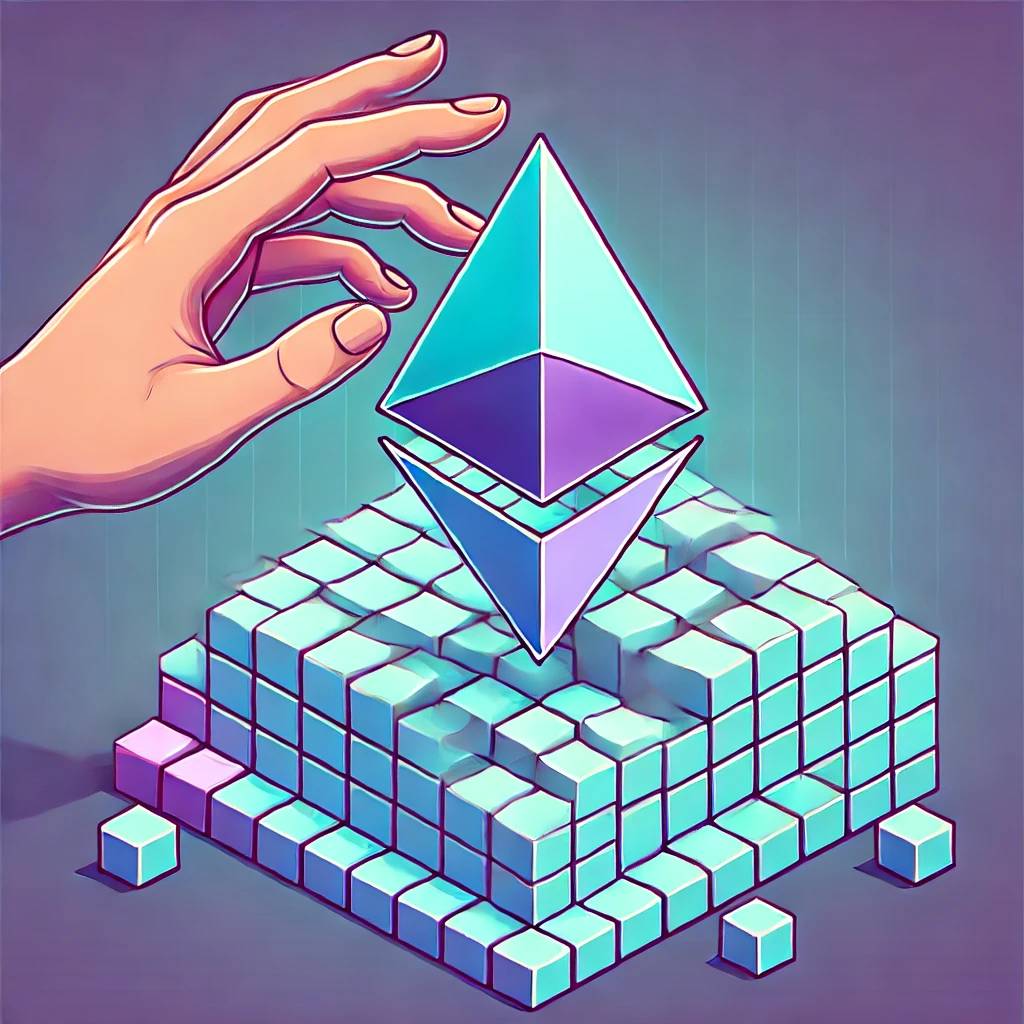 An illustration of a hand creating an ETH logo made of lego bricks.