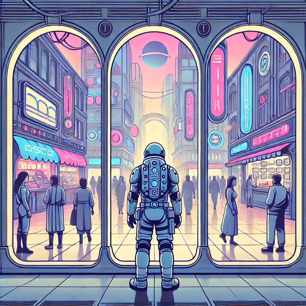 Illustration of a person peering into a bazaar, meant to represent Ethereum.