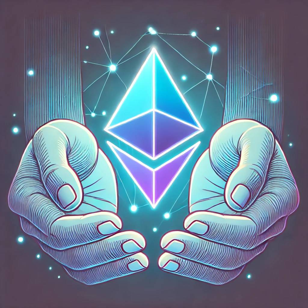 Illustration of hands offering an ETH symbol.