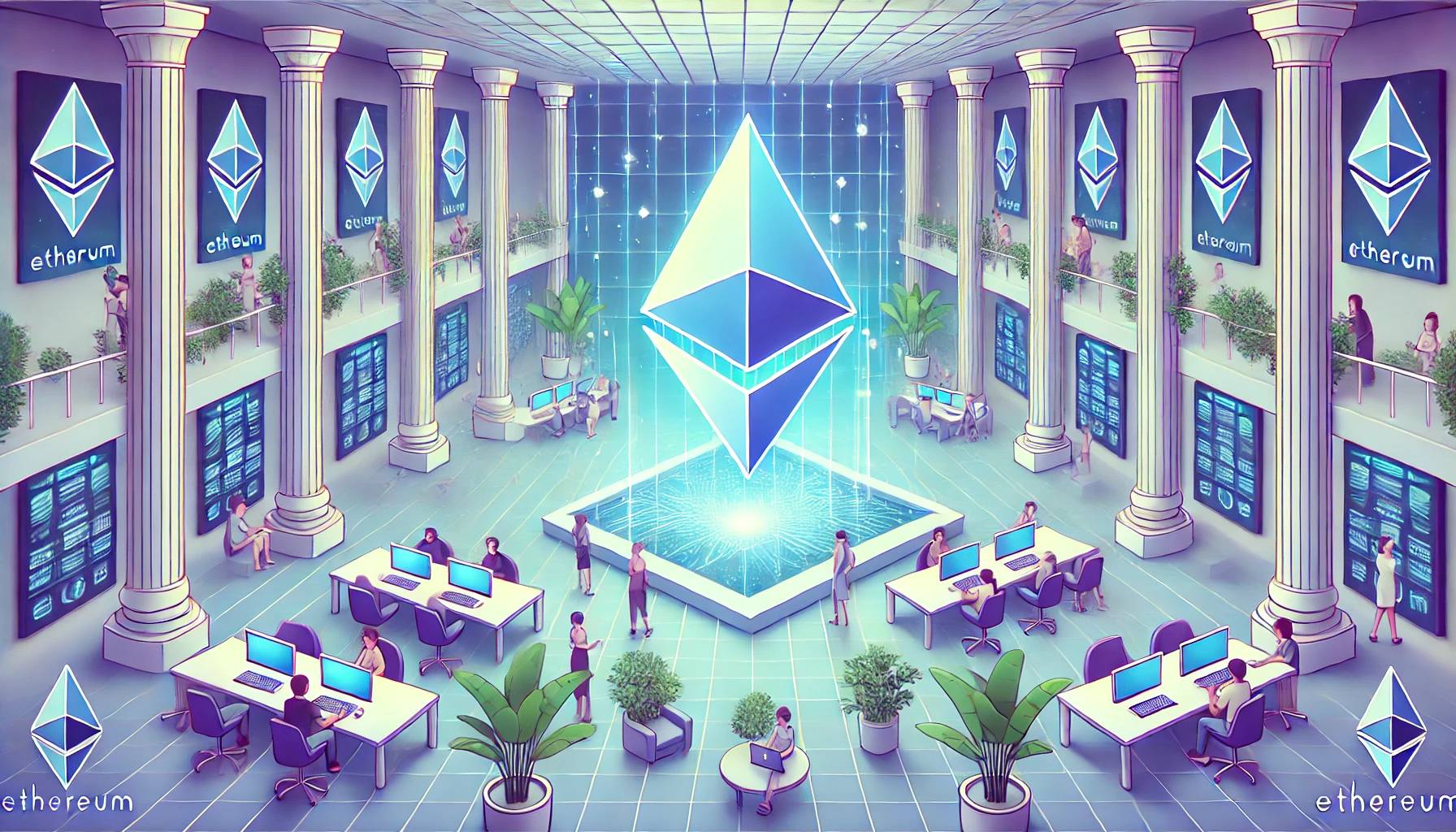 An illustration of a futuristic city, representing the Ethereum ecosystem.